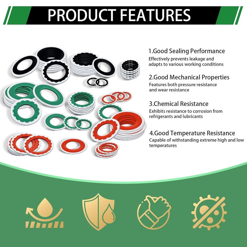 Japtend 120PCS A/C Compressor Seal Washers Assortment Kit, 18 Sizes 3 Colors Automotive Air Conditioning System Compressor Port Bonded Seal Gasket Kit (Red & Green & Black) - Image 3